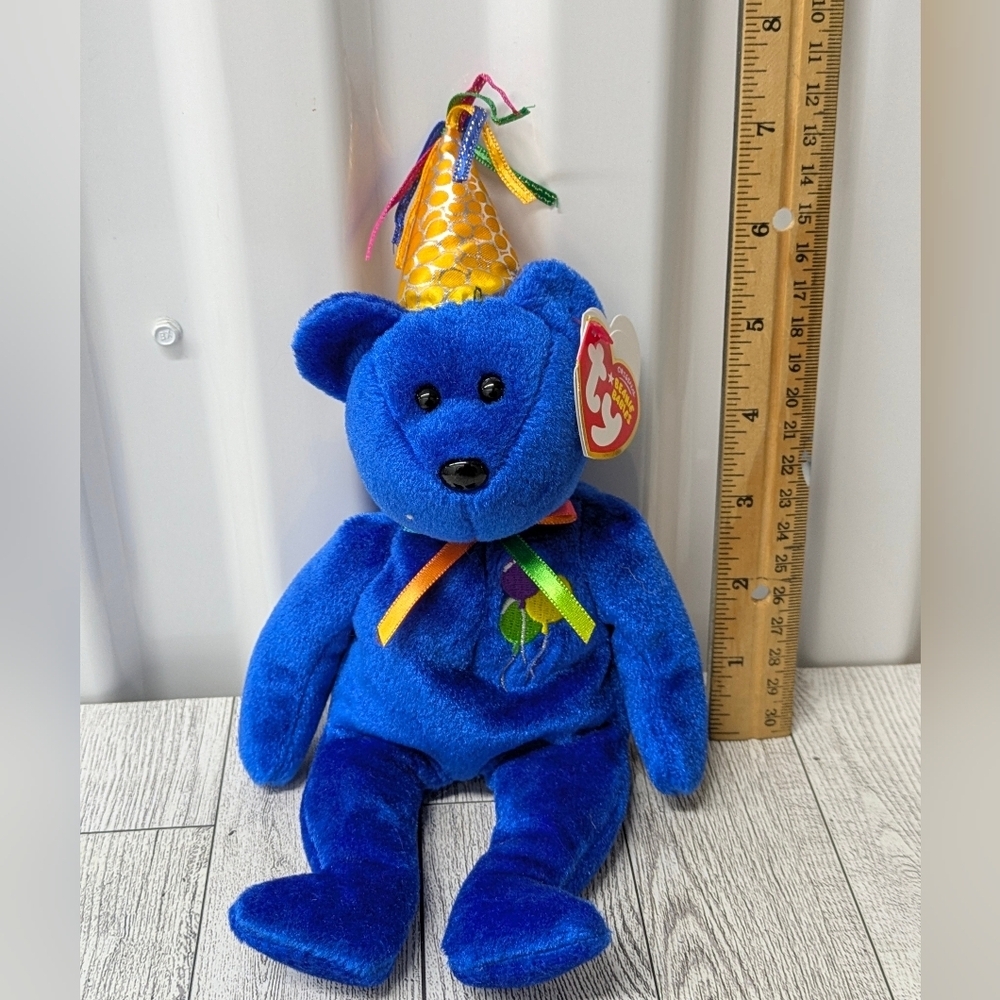 Ty Happy Birthday Blue Bear with Party Hat Stuffed Animal